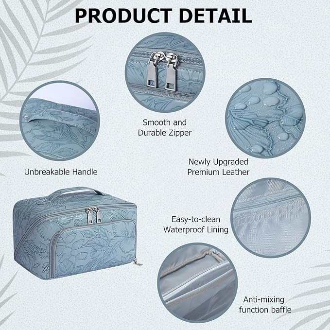 Travel Makeup Bag, Large Capacity Cosmetic Bags for Women, Waterproof Lining and PU Leather Portable Pouch, Open Flat Toiletry Bag, Make up Organizer with Divider & Handle (Light Blue)