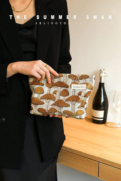 The Summer Swan | Floral Cosmetic Bag｜Large Aesthetic Travel Makeup and Personal Item Pouch For Purse | Skincare Bag (Mushroom Yellow)