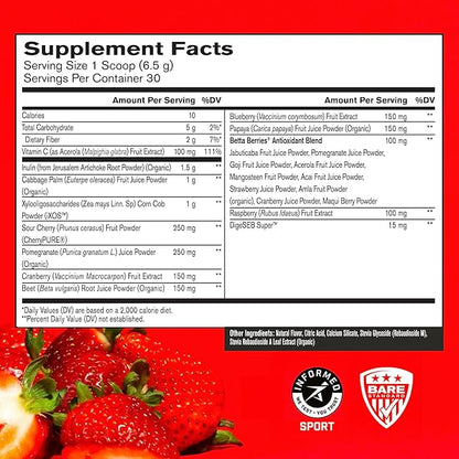 BARE PERFORMANCE NUTRITION, BPN Strong Reds Superfood Powder, Digestive Enzymes, Antioxidants, Improved Natural Energy, 30 Servings, Strawberry
