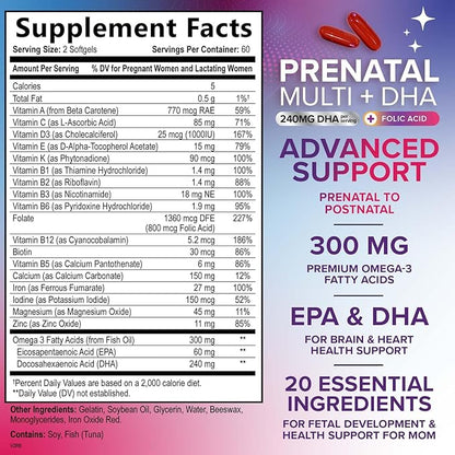 Women's Prenatal Multivitamin with Folic Acid + DHA, Prenatal Vitamin Supplement for Fetal Support w/Folate, Omega 3, Vitamins D3, B6, B12 & Iron, Pregnancy Prenatal DHA, Non-GMO - 120 Softgels