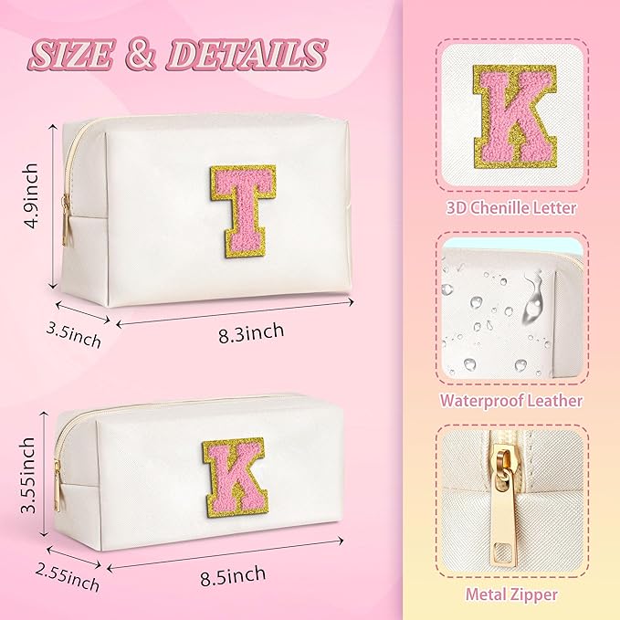 TOPEAST Monogrammed Gifts for Women, Personalized Initial Cosmetic Bag With Zipper, 2 PCS Makeup Pouch Makeup Organizer Bag PU Leather Waterproof Preppy Makeup Bag For Women, White E