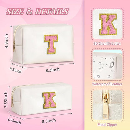 TOPEAST Monogrammed Gifts for Women, Personalized Initial Cosmetic Bag With Zipper, 2 PCS Makeup Pouch Makeup Organizer Bag PU Leather Waterproof Preppy Makeup Bag For Women, White E