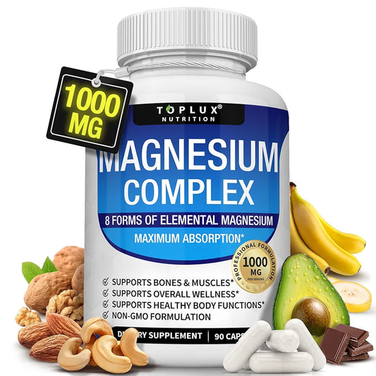 Toplux, Magnesium Complex Supplement 8 Elemental 1000mg - Magnesium Glycinate, Citrate, Malate, Taurate, Chelated for Easy Absorption for Bones, Muscle, Recovery, Energy, Vegan Non-GMO 90 Capsules