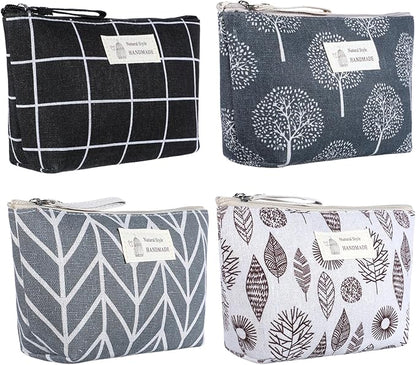 Canvas Makeup Bag Set, 4 Pcs Makeup Pouch Set Multi-Function Travel Zipper Pouch Purse Organizer Pouches, Travel Pouches Toiletry Bag Christmas Gifts Printed Cute Cosmetic Bags for Women Girls