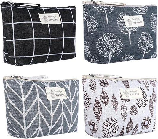 Canvas Makeup Bag Set, 4 Pcs Makeup Pouch Set Multi-Function Travel Zipper Pouch Purse Organizer Pouches, Travel Pouches Toiletry Bag Christmas Gifts Printed Cute Cosmetic Bags for Women Girls