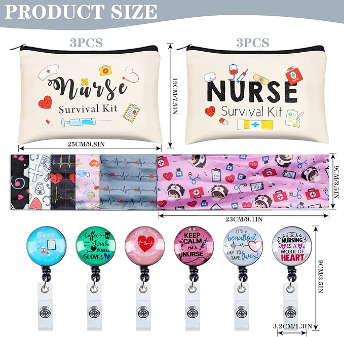 Kolewo4ever 118pcs Nurse Appreciation Gifts CNA Week Gifts 6 Nurse Badge Reel Retractable 6 Nurse Makeup Bags Cosmetic Bag 6 Nursing Headbands 100 Nurse Stickers