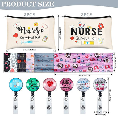 Kolewo4ever 118pcs Nurse Appreciation Gifts CNA Week Gifts 6 Nurse Badge Reel Retractable 6 Nurse Makeup Bags Cosmetic Bag 6 Nursing Headbands 100 Nurse Stickers