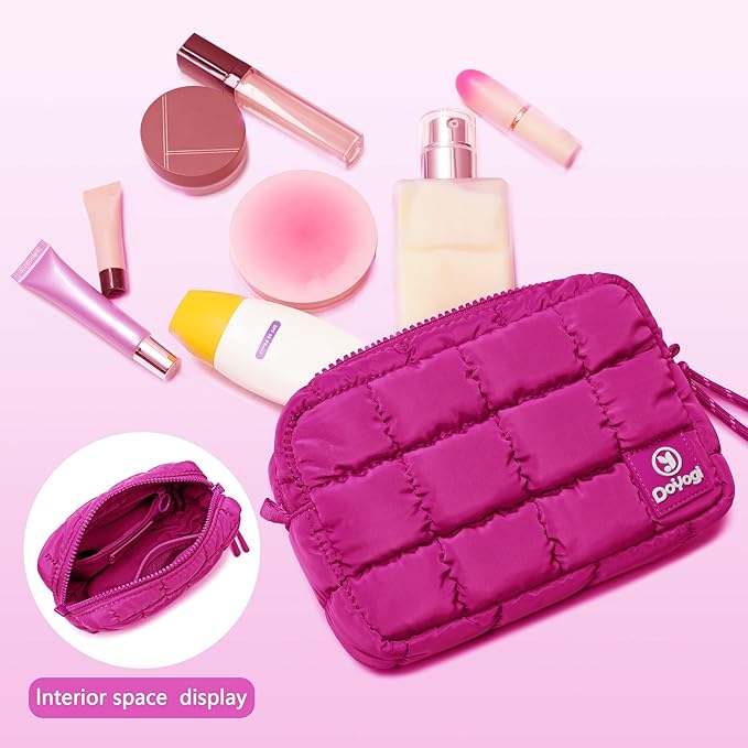 Quilted Cosmetic Bag, Puffer Makeup Bags, Crossbody Purses for women,Cute Travel Toiletry Bag for Women (Rose Red)