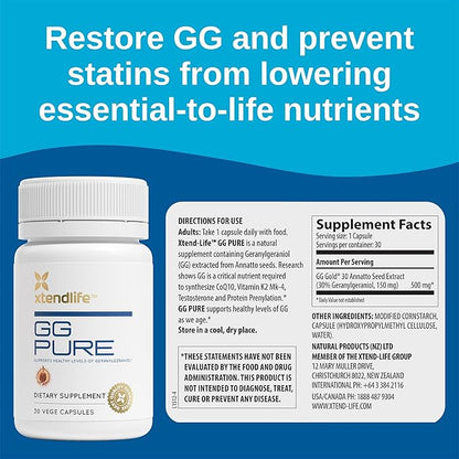 Xtendlife GG Pure - Geranylgeraniol (GG) Cardio Health and Healthy Aging- Helps Prevent Statins from Lowering CoQ10, 30 Capsules (1 Month Supply)