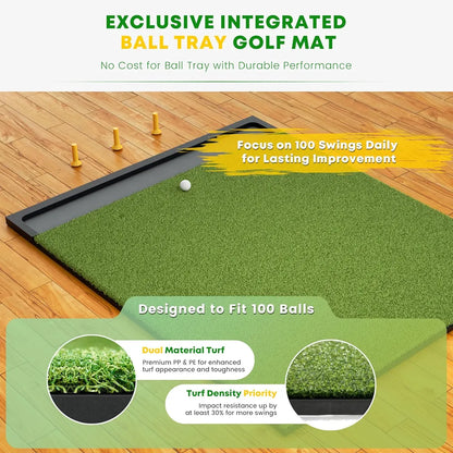 Integrated 5x4ft & 6x4ft Golf Mat with Ball Tray, Thickening Golf Mats Practice Outdoor & Indoor, Artificial Turf Matt with 3 Tees for Hitting, Driving, Chipping, Swing in Backyard, Garage or Basement