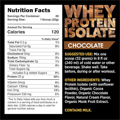 EarthNutri - Whey Isolate Protein Powder for Workout and Muscle Growth Support, 25g of Protein, Non-GMO and Gluten-Free Whey Protein Isolate Chocolate Flavor, 20 Servings