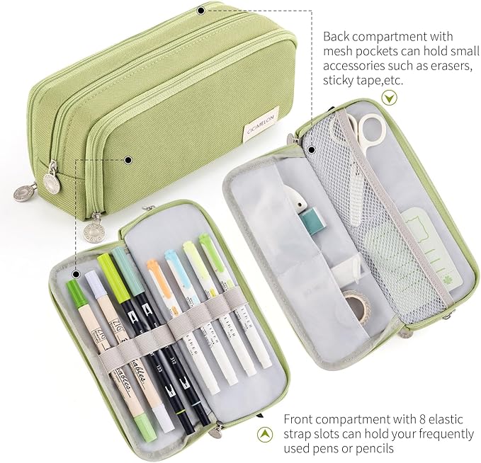 CICIMELON Large Capacity Pencil Case 3 Compartment Pouch Pen Bag for School Teen Girl Boy Men Women (Green)