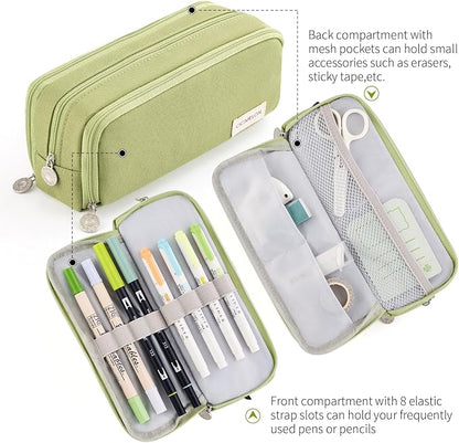 CICIMELON Large Capacity Pencil Case 3 Compartment Pouch Pen Bag for School Teen Girl Boy Men Women (Green)