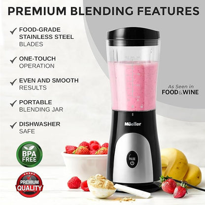 Mueller Smoothie Blender for Smoothies - Personal Blender for Shakes, Frozen Drinks, Baby Food & More, 15oz Travel Cup and Lid, Durable Stainless Steel Blades for Powerful Blending Performance, Black