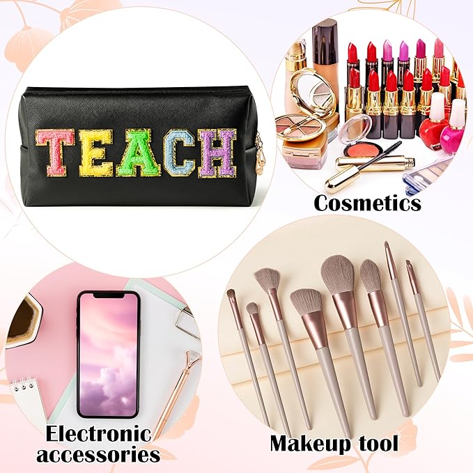 CY2SIDE Colorful TEACH Letter Patch Makeup Bag Black PU Leather Patch Cosmetic Bag with TEACH Chenille Letter for Travel Waterproof Portable Zipper Big Travel Organizer for Teacher Appreciation Gifts