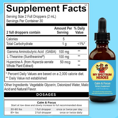 Calm & Focus Supplement Drops - Brain Support with L-theanine, GABA, Huperzine A - Enhance Focus for Kids or Adults - Boost Concentration for Kids & Teens - 2.02 FL oz. (60 ml)