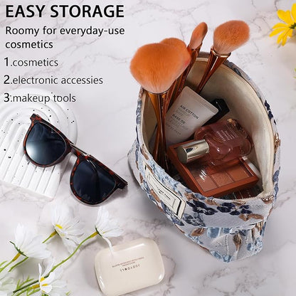 ZLFSRQ Flower Makeup Bag Travel Cute Floral Cosmetic Bags for Women Large Toiletry Pouch Zipper Cosmetic Pouch for Purse Aesthetic Gray Blue Embossed Makeup Organizer Bag Portable Toiletry Bags