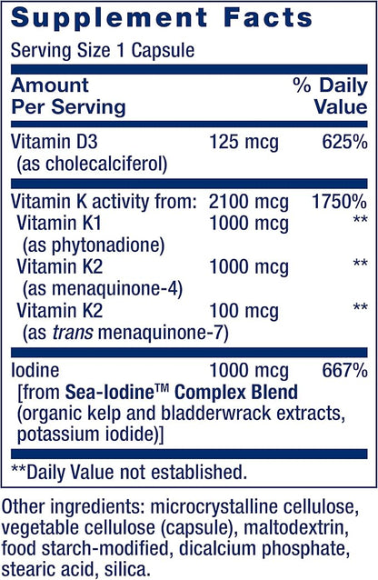 Life Extension Pregnenolone Hormone Balance 100mg, Vitamin D3 K1 K2 Iodine Immune Bone 60 Capsules Bundle