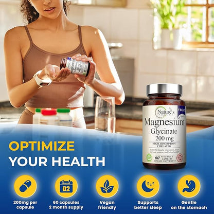 Nature's Potent Magnesium Glycinate 200mg, (High Absorption) Vegan Magnesium Glycinate Capsules Supplement for Women & Men - Chelated Magnesium Glycinate for Sleep - Magnesium for Muscle Cramps - 60ct