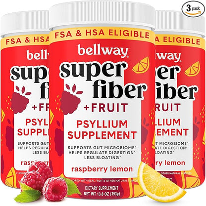 Bellway Super Fiber Powder + Fruit (3 Pack), Sugar Free Organic Psyllium Husk Powder Fiber Supplement for Regularity, Bloating Relief & Gut Health, Non-GMO, Plant-Based, Raspberry Lemon (150 Servings)