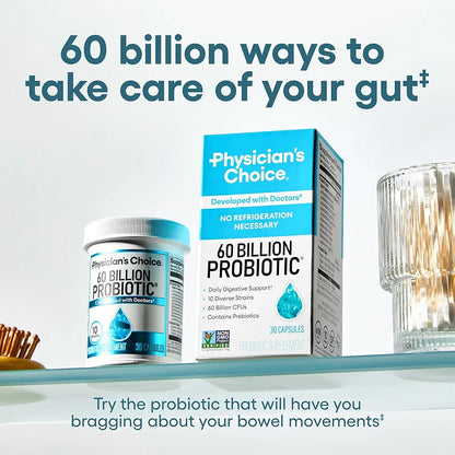 Physician's CHOICE Probiotics 60 Billion CFU - 10 Strains + Organic Prebiotics - Immune, Digestive & Gut Health - Supports Occasional Constipation, Diarrhea, Gas & Bloating - for Women & Men - 60ct