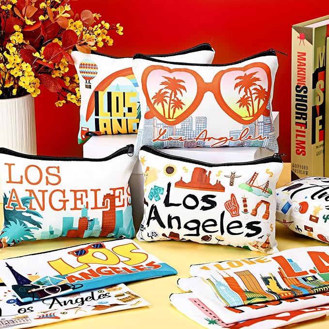 Reginary 12 Pack Cosmetic Bag Travel Souvenirs Gift Makeup Bag Lover Gifts Friendship Family Toiletry Storage for Women Vacation Traveller Trip(Los Angeles)
