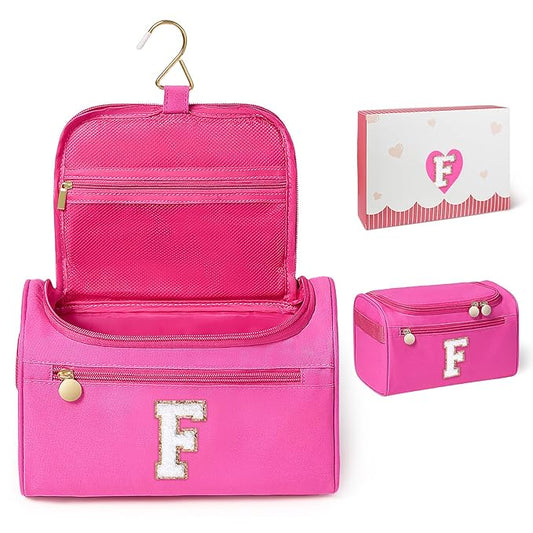 COSHAYSOO Christmas Valentines Galentines Day Fall Travel Gifts for Women Friend Sister Bestie Happy Birthday Party Favor Present, Large Hanging Toiletry Bag Skin Care Toiletries Hot Pink Letter F