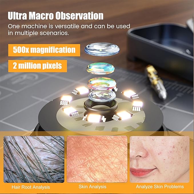 Handheld Dermatoscope Skin Analyzer Machine, Wireless Portable Digital Microscope with 1080P IPS Screen 8 LEDs, 500X Magnifier, for Scalp/Hair Trichomes Facial Skin Dermatoscope