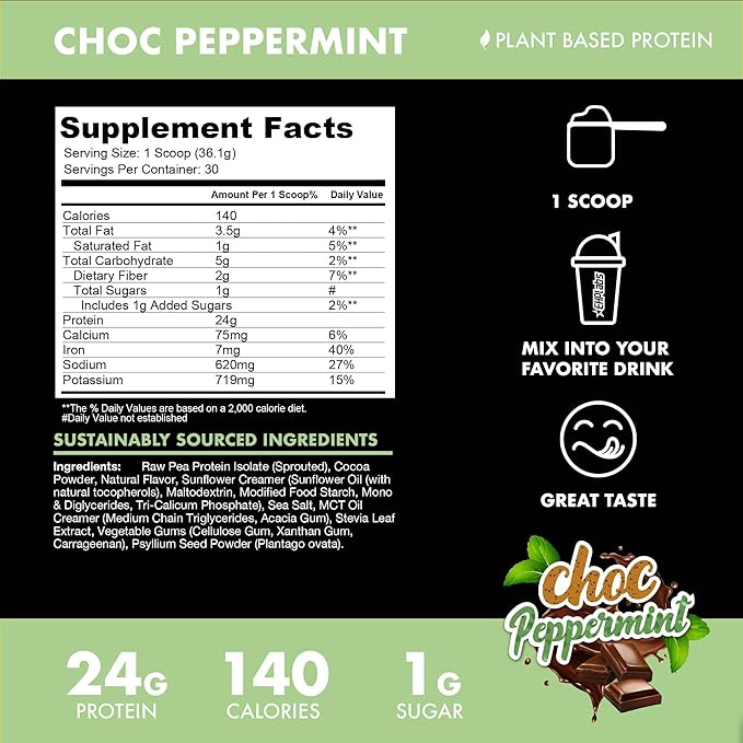BLESSED Vegan Protein Powder - Plant Based Protein Shake Meal Replacement Powder - 23g of Pea Protein Powder for Women & Men, Dairy Free, Gluten Free, No Sugar Added, 30 Servings (Choc Peppermint)