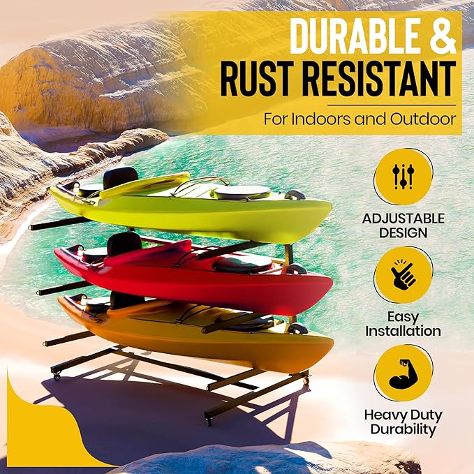 Heavy Duty Freestanding Kayak Storage Rack | 3 Tier Rack for Kayaks, Canoes, or SUPs | Adjustable Outdoor Kayak Storage | Indoor/Outdoor Weather Resistant Water Sports Storage Rack