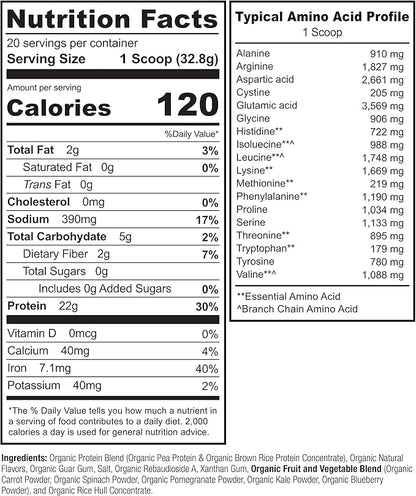 NATURELO Plant Protein Powder, Vanilla, 22g Protein - Non-GMO, Vegan, No Gluten, Dairy, or Soy - No Artificial Flavors, Synthetic Coloring, Preservatives, or Additives - 20 Servings