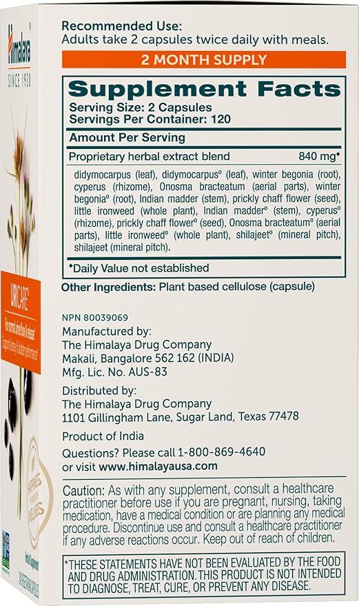 Himalaya UriCare Herbal Supplement, Kidney & Bladder Support, Urinary Tract & Urine Flow Support, Caffeine Free, Non-GMO, Gluten Free, Vegetarian, 240 Capsules, 60 Day Supply