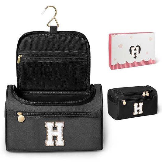 COSHAYSOO Personalized Graduation Gifts for Girl Friend Women Teacher Girly Dorm Room Essentials for College Girls, Initial Monogram Hanging Toiletry Bag Skin Care Items Organizer Black Letter H