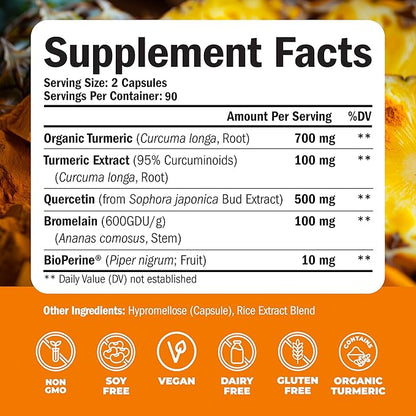 Quercetin with Bromelain Turmeric Supplement - Quercetin 500mg Capsules with Curcumin & Bromelain powder for Allergy & Joint Support. Turmeric Curcumin Bromelain Supplement. 180 Vegan Tumeric Capsules