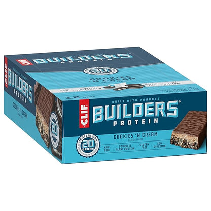 CLIF Builders - Cookies 'n Cream Flavor - Plant Based Protein Bars - Gluten Free - Non-GMO - Low Glycemic - 20g Protein - 2.4 oz. (12 Count)