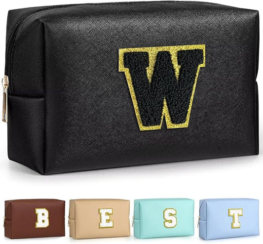 TOPEAST Initial Makeup Bags for Women, Cute Makeup Pouch, Waterproof Travel Toiletry Bag, Personalized Gifts for Girlfriend Wife on Valentine's Day Anniversary, Preppy Stuff Gift for Girl (Black W)