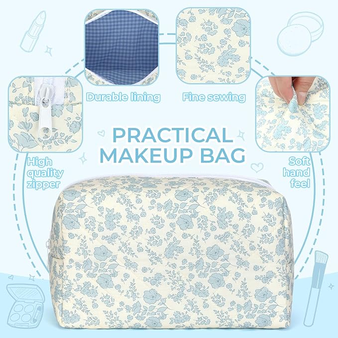 Quilted Makeup Bag Set,Large Floral Cosmetic Pouch For Women,Cute Cotton Brushes Storage Travel Toiletry Organizer Bags(Blue Plum Blossom)