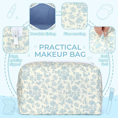 Quilted Makeup Bag Set,Large Floral Cosmetic Pouch For Women,Cute Cotton Brushes Storage Travel Toiletry Organizer Bags(Blue Plum Blossom)