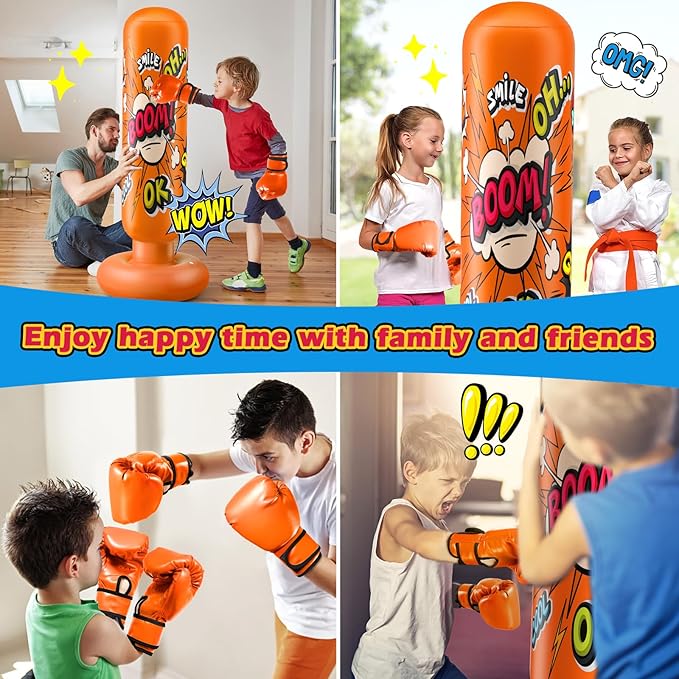 Punching Bag for Kids, Inflatable Kids Punching Bag for Kids 3-12, Boxing Equipment for Kids and Adults, Christmas, Birthday Gifts, Punching Bag Practice Karate, Taekwondo