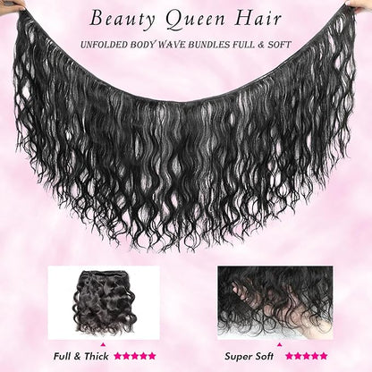 Beauty Queen 16A Body Wave Bundles Human Hair (22, 20, 18 Inch) 100% Unprocessed Virgin Remy Human Hair Full And Thick Quick Weave Hair Bundles Natural Color Hair Extensions