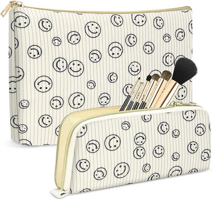 Cosmetis Bag Makeup Bag for Women, Gifts for Girls Stuff Bag, Corduroy Smile Cute Travel Make up Bag Toiletry Bag Girlfriend Teacher Gifts Birthday Gift for Her