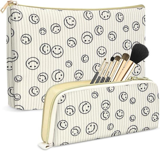 Cosmetis Bag Makeup Bag for Women, Gifts for Girls Stuff Bag, Corduroy Smile Cute Travel Make up Bag Toiletry Bag Girlfriend Teacher Gifts Birthday Gift for Her