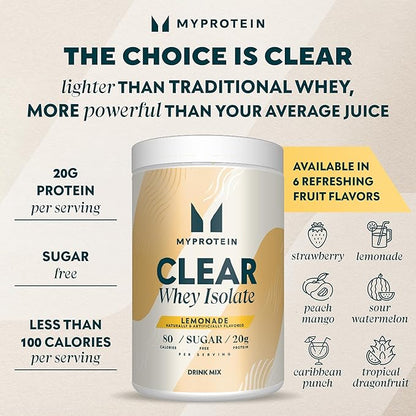Myprotein Clear Whey Isolate Protein Powder, 1.1 Lb (20 Servings) Lemonade, 20g Protein per Serving, Naturally Flavored Drink Mix