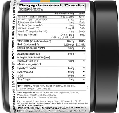 Biotin 10,000 mcg with Vitamins B1, B2, B3, B6 (30,000 mcg Complex per Serving) - with Keratin, Collagen, and Hyaluronic Acid – Hair, Skin & Nails Supplement for Women & Men – 60 Capsules
