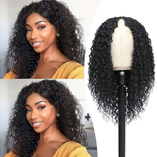 HUA V Part Curly Wig Human Hair 12 Inch Kinky Curly V Part Wig Human Hair Mixed Synthetic 180% Density Upgrade U Part Human Hair Wigs for Black Women Bob Wigs Shoulder Length Natural Black Color