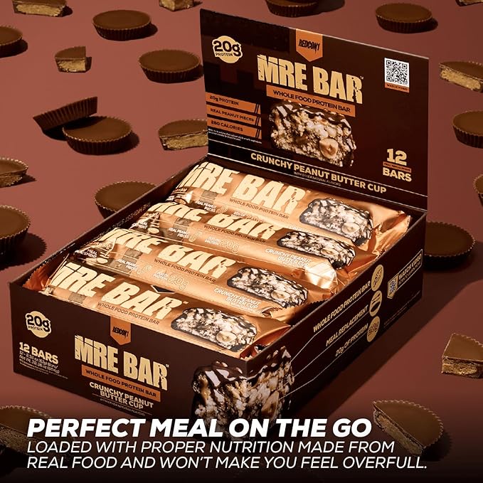 REDCON1 MRE Protein Bar, Crunchy Peanut Butter Cup - Contains MCT Oil + 20g of Whole Food Protein - Easily Digestible, Macro Balanced Low Sugar Meal Replacement Bar (12 Bars)