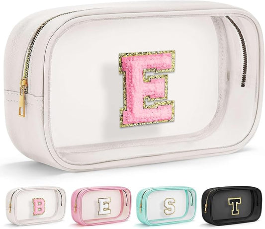 YOOLIFE Initial Make Up Bag Travel Toiletry Bag, Clear Makeup Bag Preppy Cosmetic Bags Organizer Travel Essentials Gifts for Women Teen Girlfriend Teacher Mom Birthday Mothers Day Gifts White E