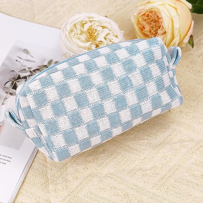 Small Cute Checkered Makeup Bag - Portable Cosmetic Pouch with Zipper, Travel Toiletry Bag, Purse Organizer, Beauty Storage, Blue