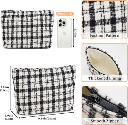 WOZEAH Checkered Makeup Bag for Purse Small Cosmetic Pouch,Stylish Zipper Make up Pouch Travel Canvas Toiletry Bags(Checkered Black)