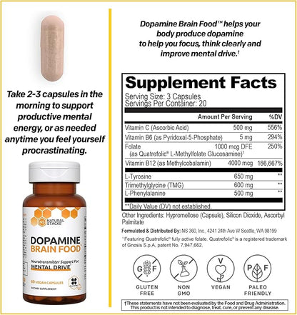 NATURAL STACKS Dopamine Focus Supplement w/L-Tyrosine - Promotes Mental Drive, Clarity & Focus - Dopamine Brain Food Supplement - Supports Mental Energy - 60 Capsules